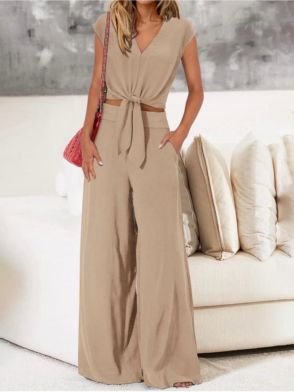 PrettyGarden Tie-Front Wide-Leg Set in Beige